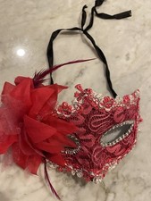 Hot Pink Masquerade Venetian Mask with Feathers and Flowers Tie on Mardi Gras