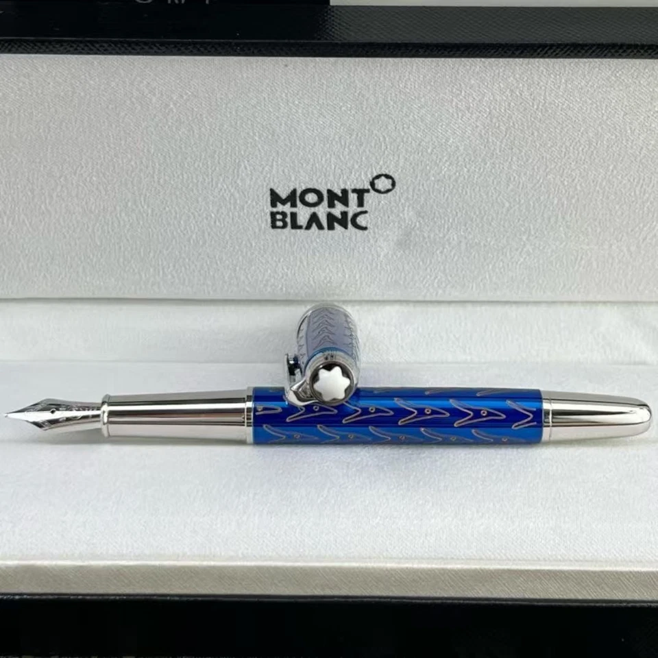 Montblanc Pluma Estilográfica Clásica de Lujo con Patrón Azul y Pluma Firma Nueva Foto 4 de 4
