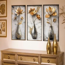 3D Flower Wall Art Stickers Gold Floral Vase Wall Decals Peel and Stick Livin...