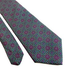 Guy Laroche Green Purple Abstract Geometric Print Short Silk Tie