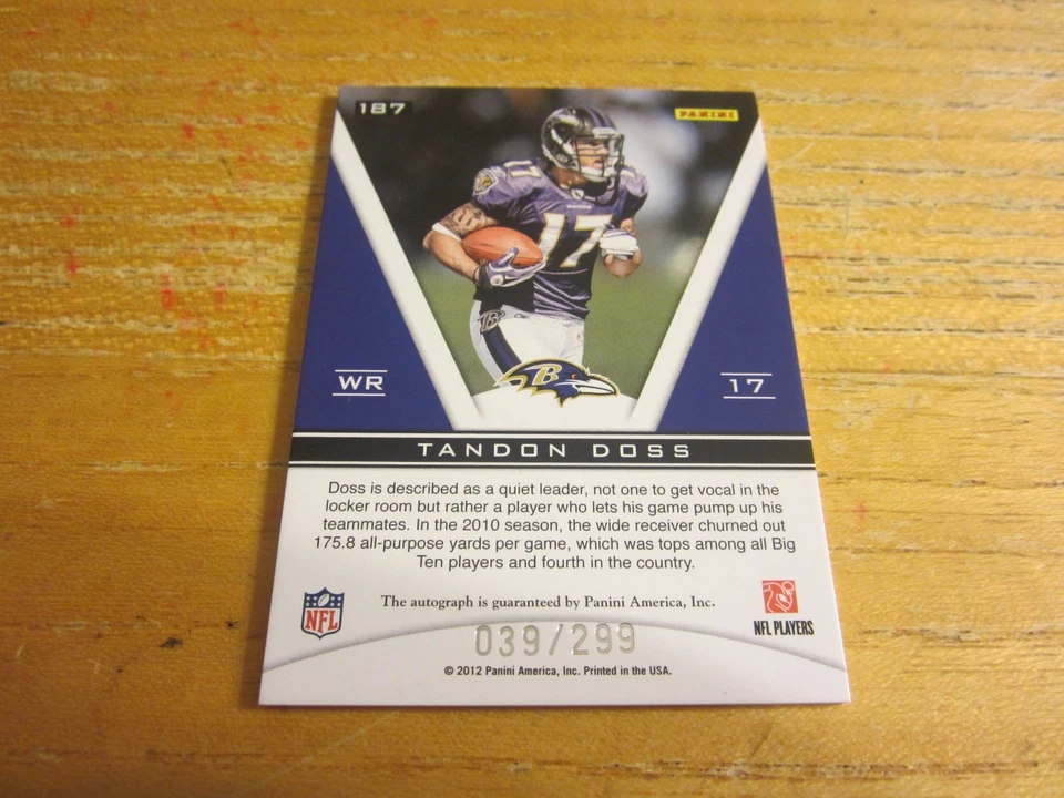 Tandon Doss Autographed 2011 Totally Certified #187 #'d 039/299 ROOKIE Ravens - Image 2 of 2