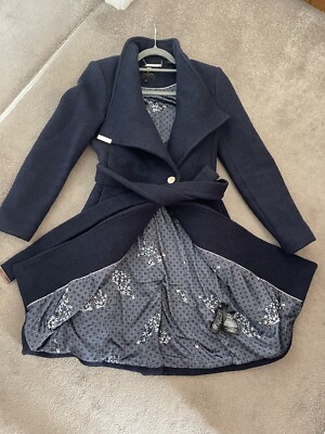 Ted baker Coat Navy blue Sparkle wool blend long coat size Trench Coat  Wrap UK