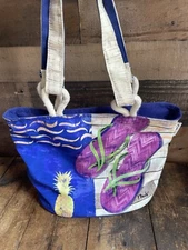 Paul Brent Coastal Life Shoulder Beach Bag Sand & Sun Purple Flip Flops Roped