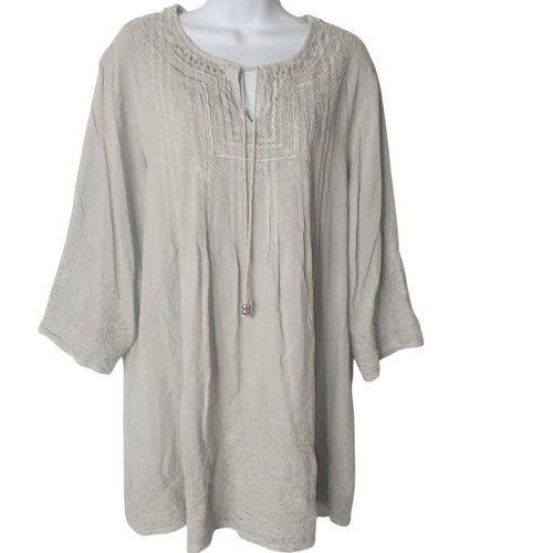 Solitaire Boho Embroidered Tunic Top 3/4 Sleeve Tassel Pintuck Embroidered 1X