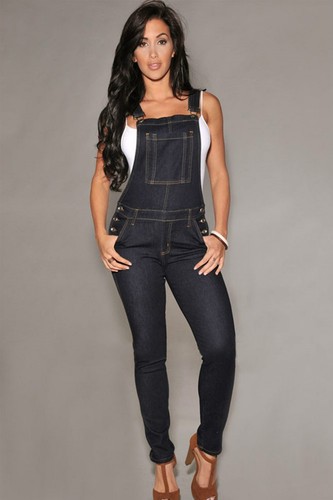Salopette pantaloni Jeans aperto aderente tasche bottoni Denim Fitted  Overall L | eBay