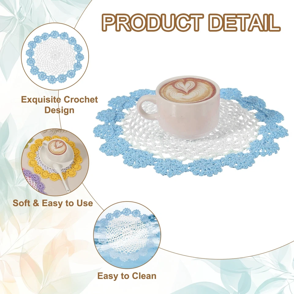 2 piezas tapetes hechos a mano de ganchillo de 8,2" manteles individuales posavasos de encaje blanco, azul claro Foto 3 de 4