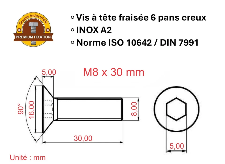 Vis INOX M8x30 mm tête fraisée BTR Ø 8x30 mm | Vis M8 x 30mm FHC à 6 pans cre... - Photo 3/4