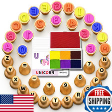Montessori Wooden Letter  Number Stamps Set with 7-Color Ink Pads, ABC 123 Flas