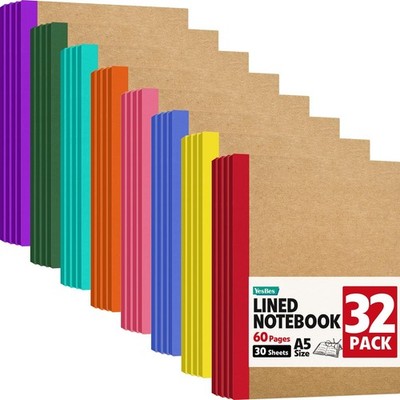 32 Pack A5 Kraft Notebooks Bulk, 8.3'' x 5.5'' Lined Journal Notebook with Co...