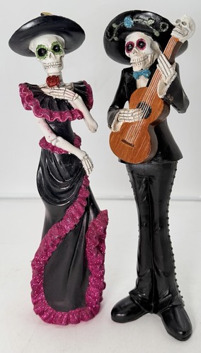 Day Of The Dead Celebration 12in Tall Resin Statues 2 pcSet