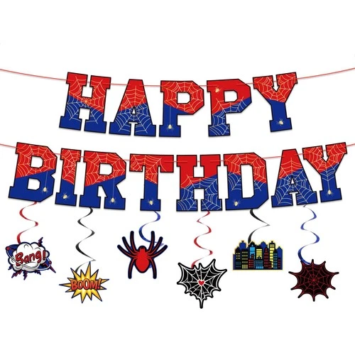 Spider-Themed Party Decorations Set Pre-Strung Web Banner & Spiral Tags – Black