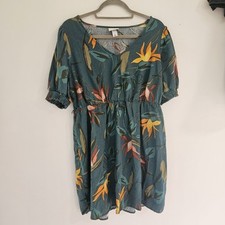 Ava & Viv Plus X Green Tropical Bird Of Paradise Linen Blend Dress Short Slv 1X