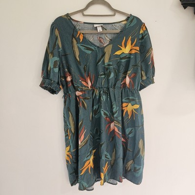 Ava & Viv Plus X Green Tropical Bird Of Paradise Linen Blend Dress Short Slv 1X