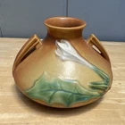 Roseville Floral Art Pottery Vase Brown/Green Handles 808-12 Signed Matte