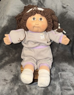 1980'sCabbage Patch Kid Brown Braids, Brown Eyes Gray Cat Sweat Suit work out 