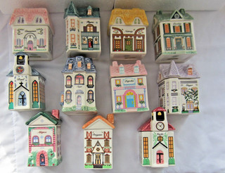 11 Stamped Avon Hand Painted Ceramic Spice House Village Jars