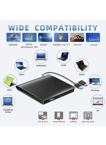 External DVD Drive-CD/DVD R/W Drive for PC-Slim Compatible w/Windows MAC OS Linu - Afbeelding 7 van 15