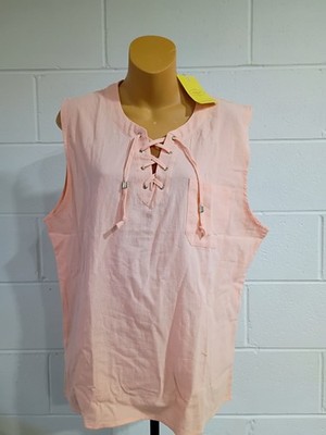 Hao Mei Li Women's Pink Cotton Flax Blend Lace-Up Sleeveless Top Size M