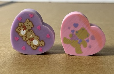 Vtg Sanrio Thick Heart Shaped Teddy Bear Eraser Hearts Ribbons Cuddles Rare