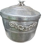 Vintage Silver Embossed Metal Round Ice Bucket w Lid, Tongs, Handle Set — photo 2