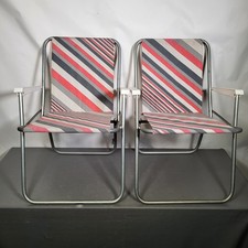 Vintage Pair Of Folding Camping Chairs Striped Camper Garden Beach Retro 70s UK 