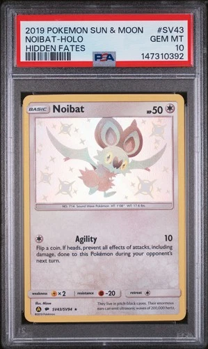 2019 POKEMON SUN & MOON HIDDEN FATES #SV43 NOIBAT-HOLO PSA 10