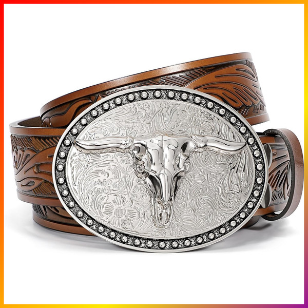 Cowboy GüRtel Leder PräGung FüR Jeans Western Stil Herren Damen Cowgirl-image