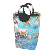 Beach Wooden Starfish Laundry Basket Seashell Laundry Hamper Blue Collapsible...