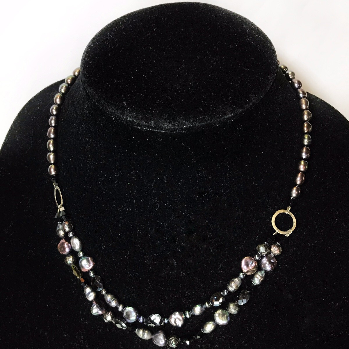 Black Peacock Pearl Necklace Tahitian Baroque Faceted Glass Double