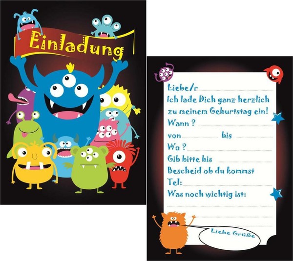 6 Kinder Geburtstag Einladungskarten Karte Einladung Party Monster Monsterparty-image