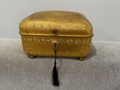 Antique Dore Bronze Jewelry Casket Box Engraved Flowers Decoration Inlaid Stones