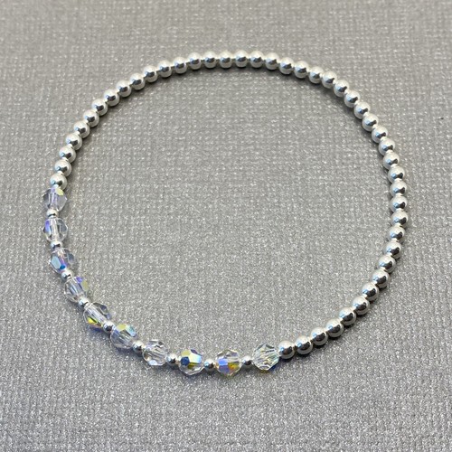 Bracciale impilabile elastico perline cristallo scintillante argento sterling fatto a mano 925 - Foto 7 di 9