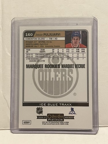 2016-17 O-Pee-Chee Platinum Ice Blue Traxx Jesse Puljujarvi #160 Rookie RC - Picture 2 of 2