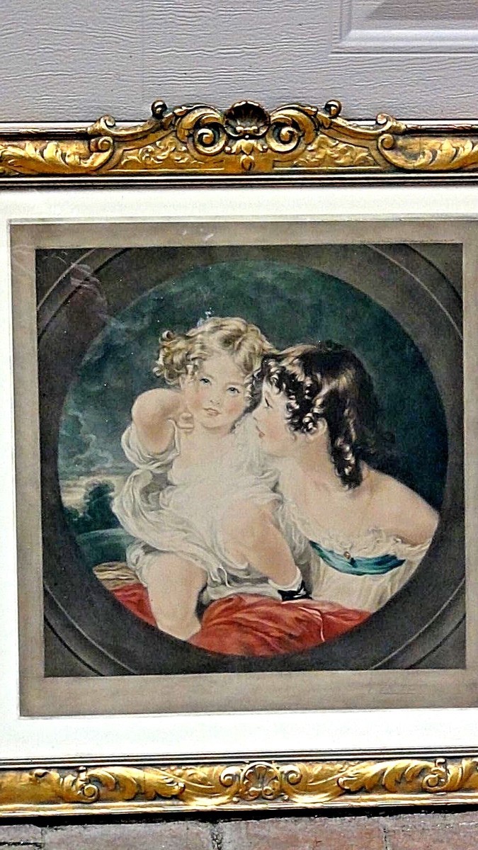 メゾチント　vintage Art ANTIQUE 1912 MEZZOTINT ON PAPER OF 2 CHILDREN,SIGNED&DATED IN GILT