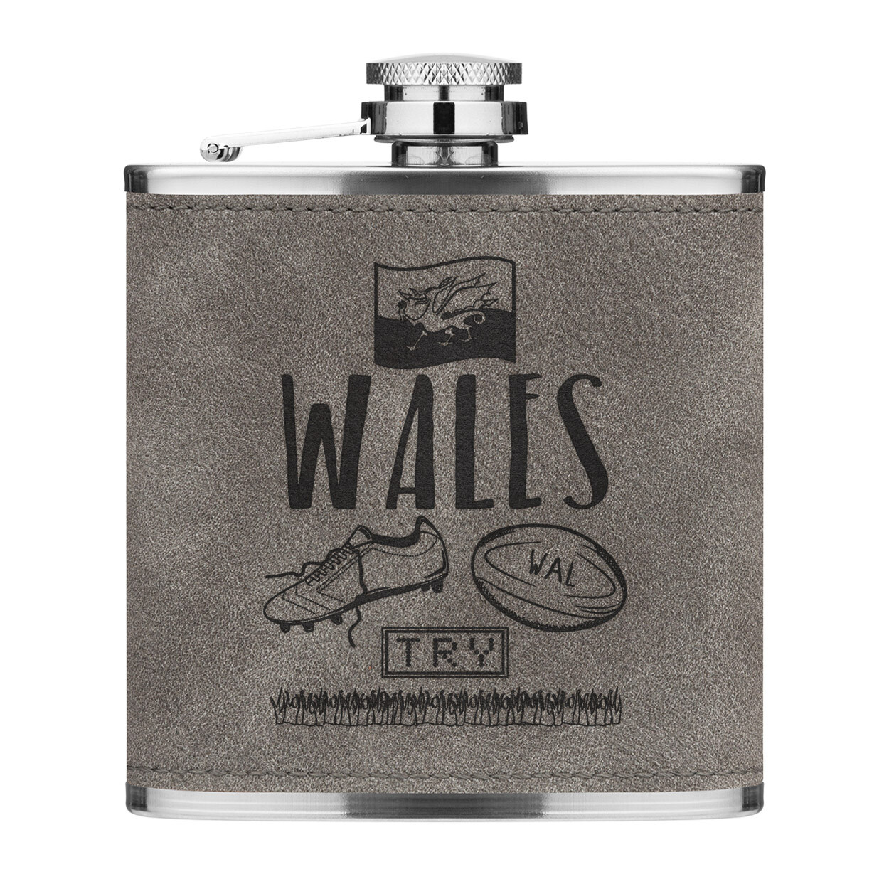 Rugby Wales 6oz PU Leather Hip Flask Grey Funny League Union Flag