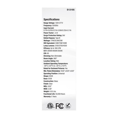 Satco ED28 Filament Bulb 4500 Lumens 17/20.5/25W 30/40/50K 120-277V MOGUL BASE - Picture 3 of 4