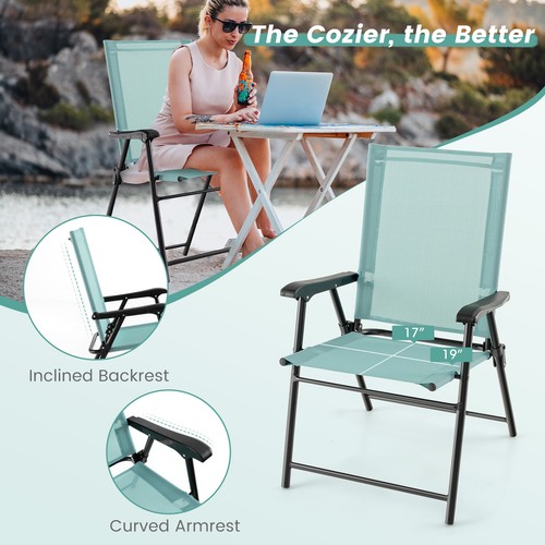 2pcs Patio Folding Sling Back Chair Portable Armrests Metal Outdoor Dining Green - Picture 8 of 8