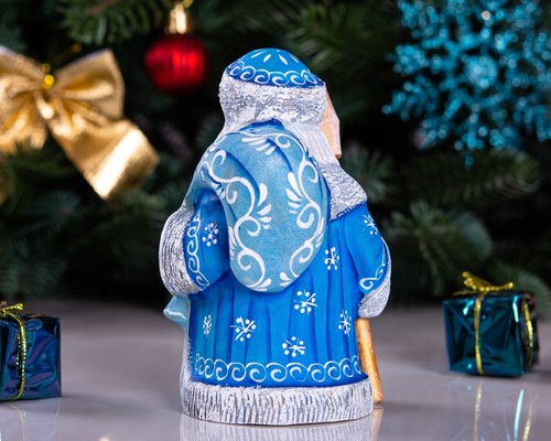 Estatuilla de Papá Noel de madera tallada a mano túnica azul y bastón decoración del hogar de Navidad - Imagen 4 de 13