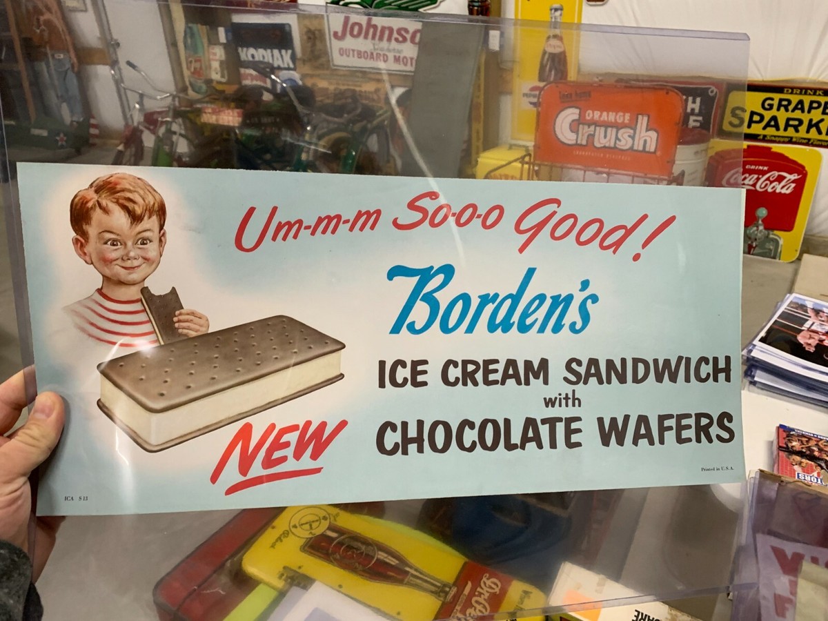 Vintage Borden's Ice Cream Sandwich Litho Sign ICE CREAM GAS