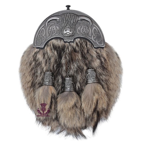 Scottish Kilt Sporran Fur Celtic Cantle Antique Finish/Leather Sporrans For Men - Picture 5 of 55