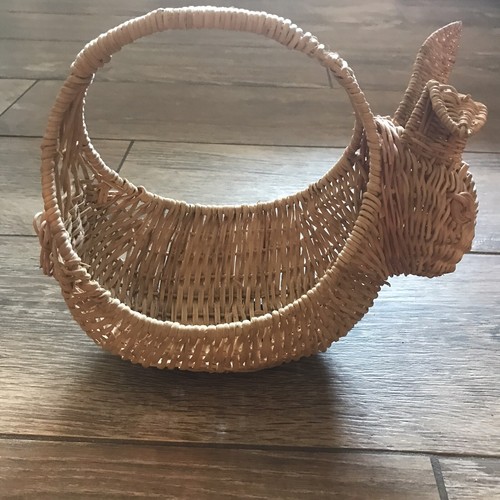 Vintage Wicker Rattan Easter Basket Bunny Rabbit Planter handle 10 in