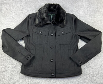 Lauren Ralph Lauren Black Shimmer Denim Faux Fur Collar Jacket Womens Sz  Medium