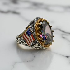 Mystic Topaz Men's Statement Ring 925 Silver USA Flag Design Handmade Gift