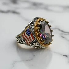 Mystic Topaz Men's Statement Ring 925 Silver USA Flag Design Handmade Gift