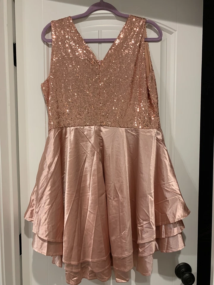 Rosegold Sequin Formal Prom Dress Womens Size XL Satin Layer Skirt Hi Lo Hem - Image 2 of 4