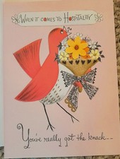 Vtg 50s unused Hallmark Card Guest Thank You Pink Bird Bead Flock Daisy Envelope