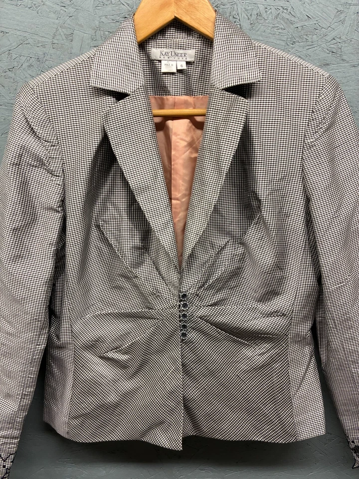 Traje Falda Kay Unger New York Para Mujer Talla 6 Negro Blanco Pata de Gallo Seda Foto 3 de 4