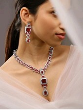 Indian Bollywood Bridal Set Silver Plated Jewelry Earrings CZ Ethnic AD Necklace