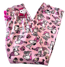 SNOOPY WOODSTOCK on SLED IN SNOW Pink FLEECE LOUNGE PAJAMA PANTS Ladies Large