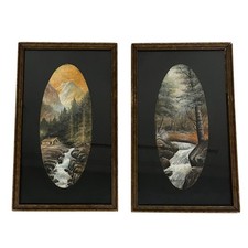 Vintage Framed Art Set Landscape Painting Matted Creek Cabin Trees Mountains